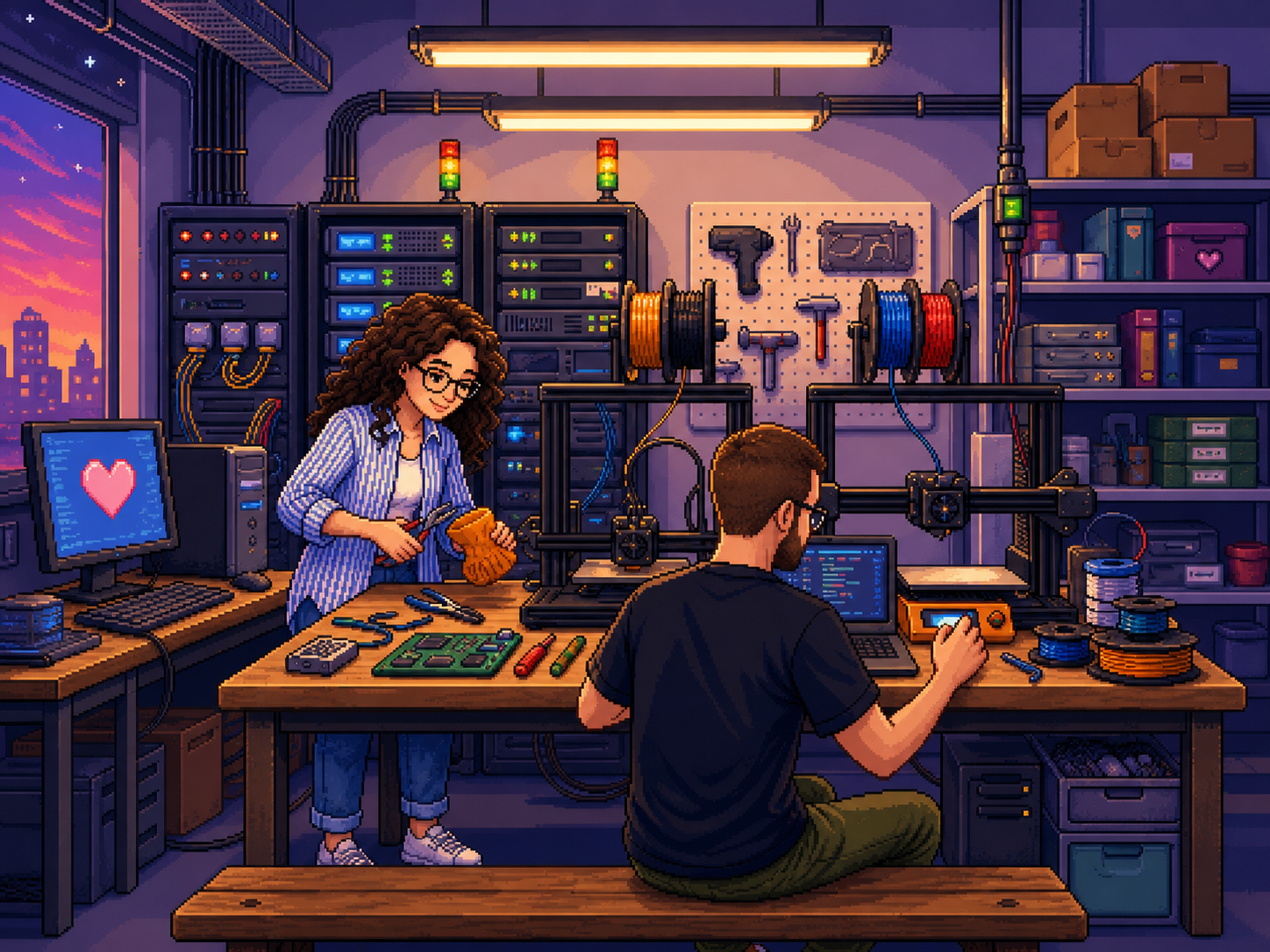Illustration pixel art d'un atelier dev cosy